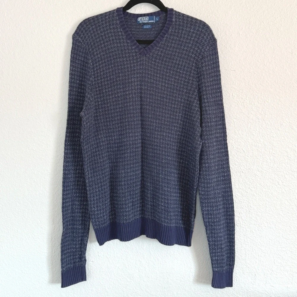 Polo Ralph Lauren Mens Large Blue Houndstooth‎ Silk Blend Sweater Old Money Prep